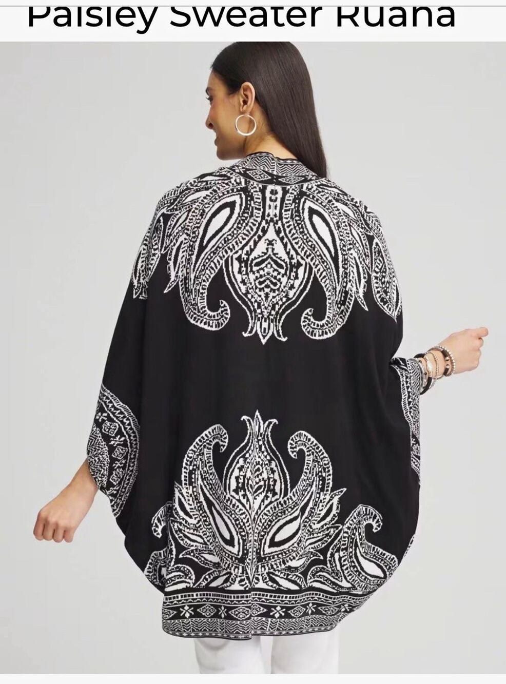 Chico’s Black White Paisley Knit Ruana Poncho Sweater Open Front L/XL
